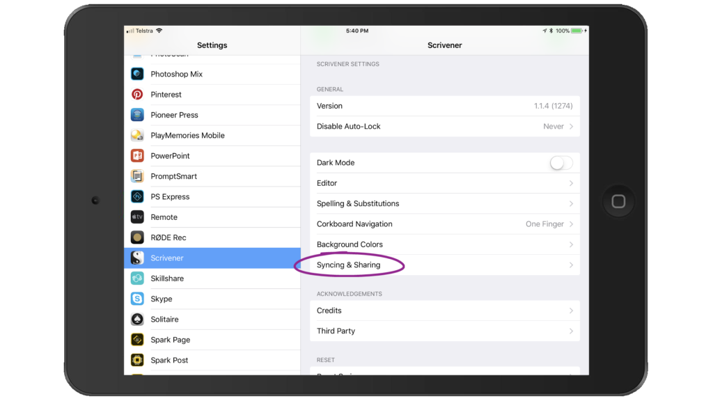 Main Scrivener iOS App Setting screen and Best Scrivener iOS Sync Settings